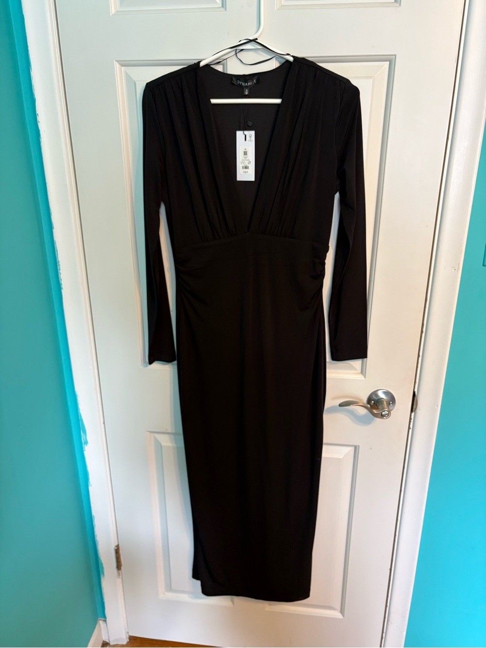 Dynamite Black Long-Sleeve V-Neck Midi Dress